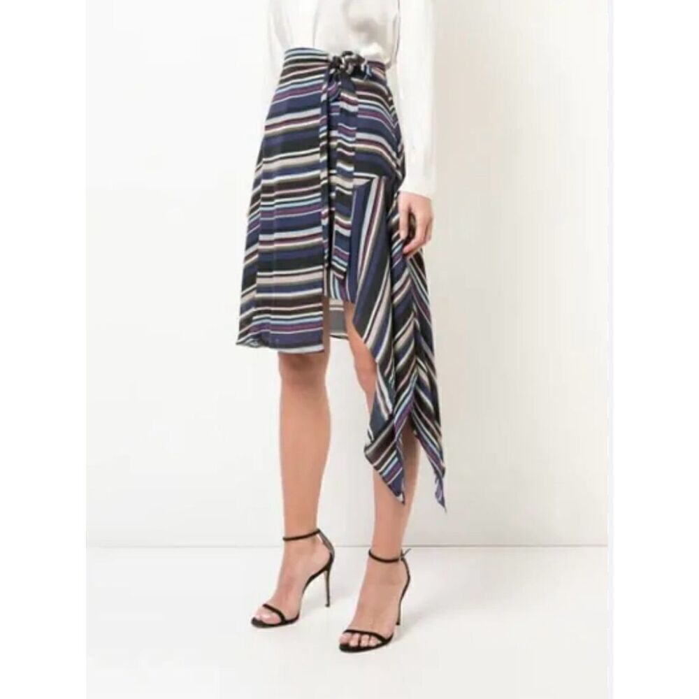 Nicole Miller‎ Flight Stripe Asymmetrical Silk Skirt In Blue Multi Size XS